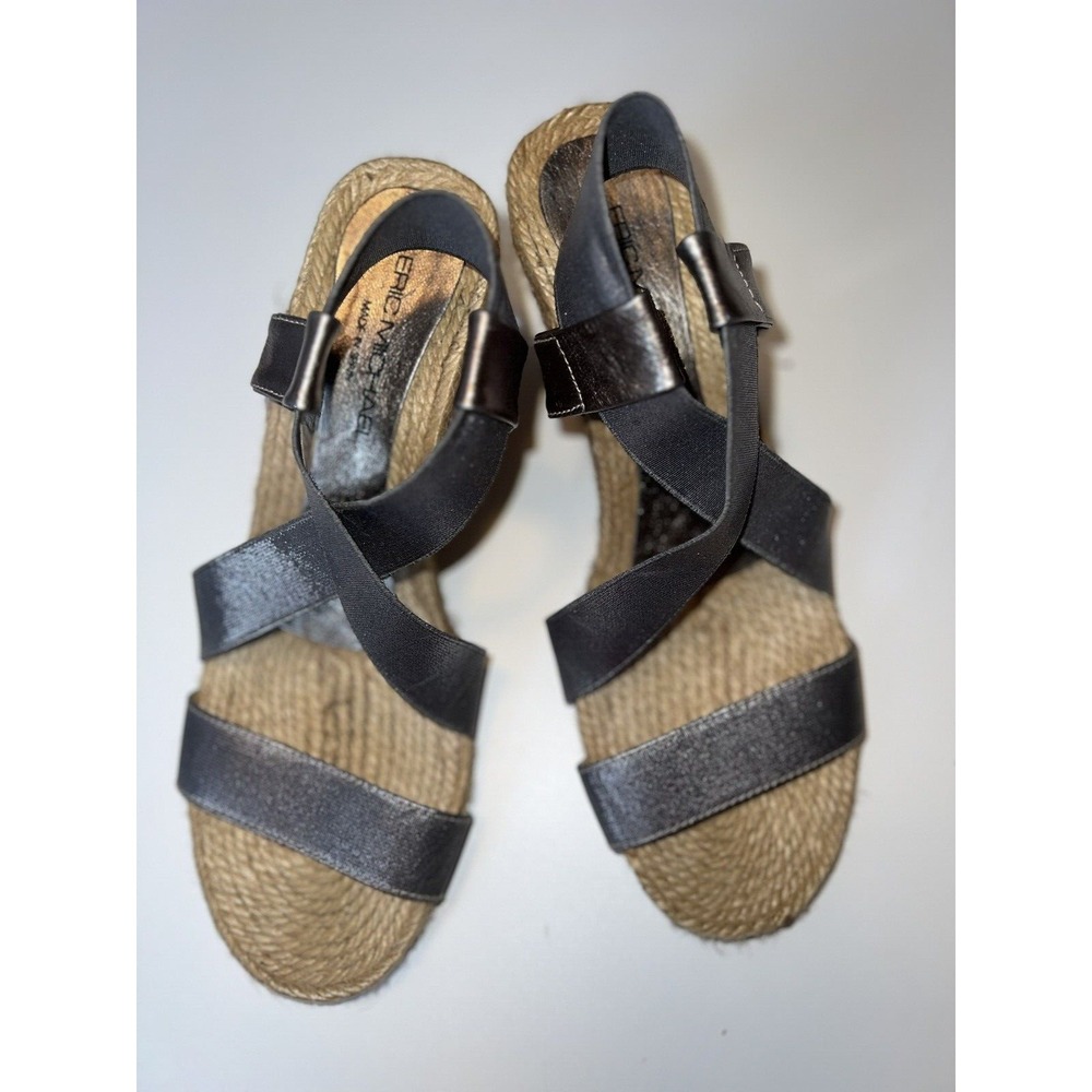 Eric Michael Sandals Silver Metallic Straps Espadrille Wedge Size 37,  US 7